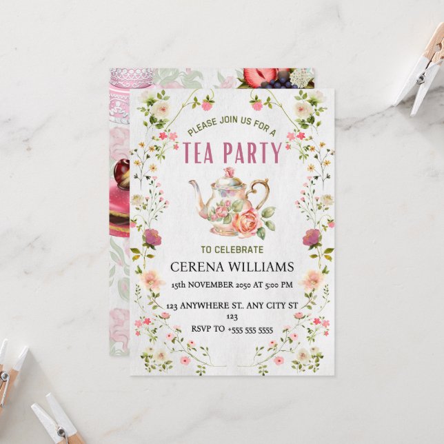 Vintage Tea Party Invitation with Floral Frame (Front/Back In Situ)