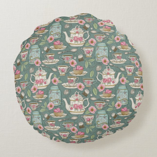 Vintage Tea Party Round Pillow (Back)