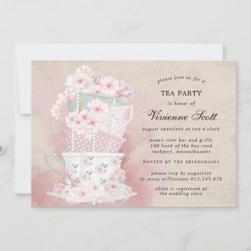 Vintage Tea Party Watercolor Bridal Shower Invitation