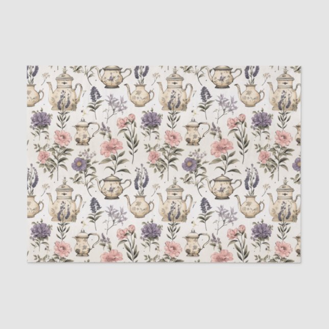 Vintage Tea Pots and Flowers  Tissue Paper (Front)