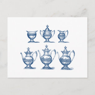 Vintage Tea Set Blue White Coffee Pot Decorative Postcard