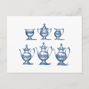 Vintage Tea Set Blue White Coffee Pot Decorative Postcard by red_dress at Zazzle