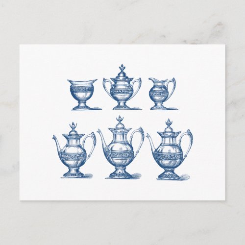 Vintage Tea Set Blue White Coffee Pot Decorative Postcard