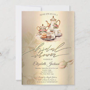 Vintage Tea Set,Gold Diamonds Bridal Shower Invitation