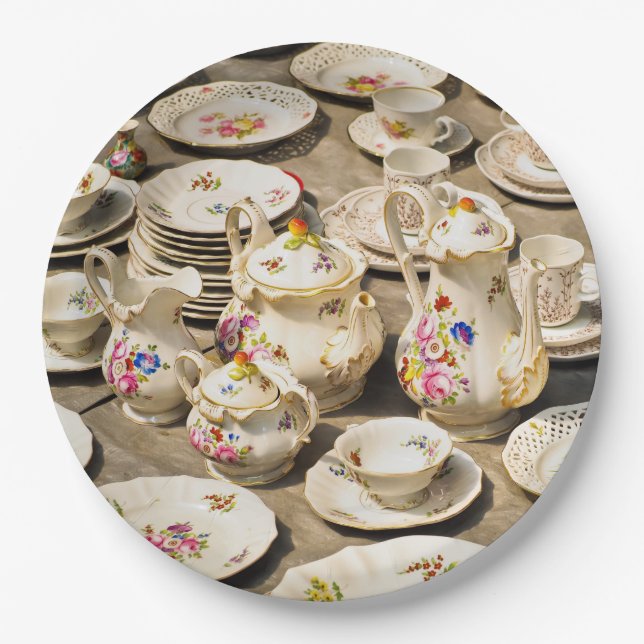 Vintage Tea Sets Disposable Paper Plates (Front)