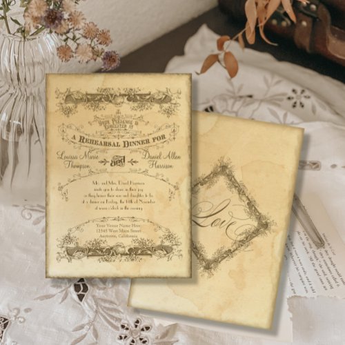 Vintage Tea Stained Rehearsal Dinner Wedding  Invitation