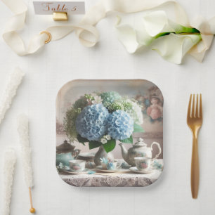 Vintage Tea Time Blue Hydrangea Flower  Paper Plates