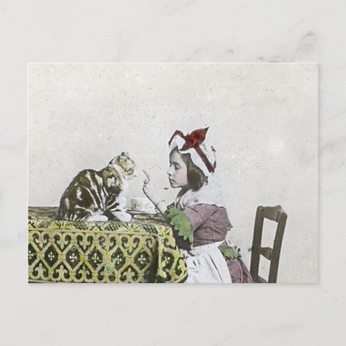 Vintage Tea Time Party With Naughty Kitty Invitation Postcard