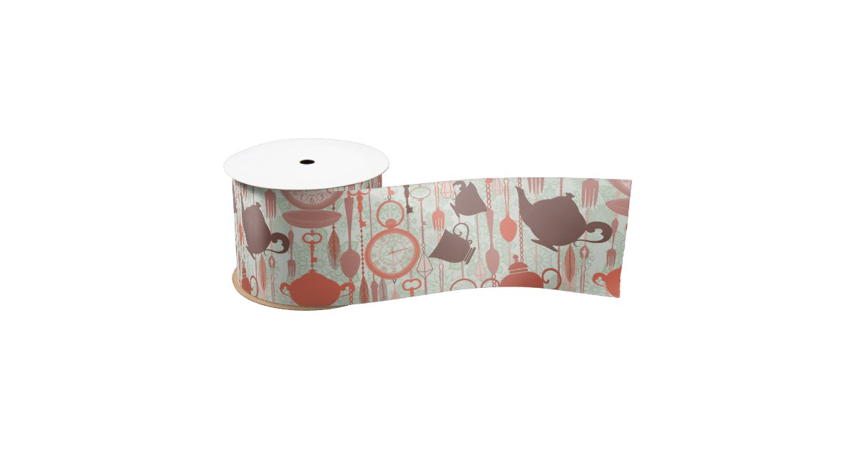 Vintage Tea Time Pattern Satin Ribbon | Zazzle