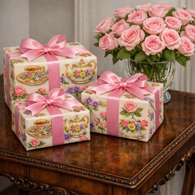 Vintage Tea Time Teapot Pattern  Wrapping Paper Sheets (Vintage teapot gift wrap with pink roses and ribbon on Chippendale table beside rose bouquet)