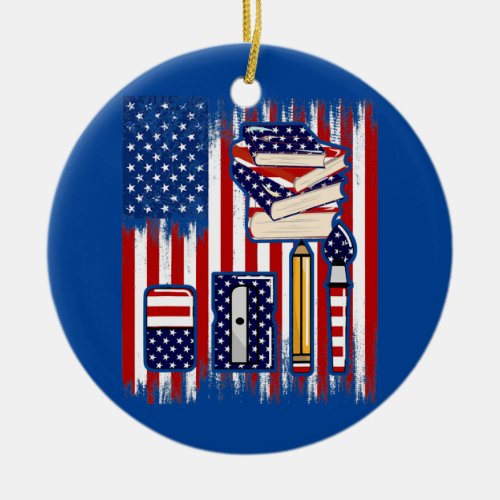 Vintage Teacher Tools American Flag Cute Teacher Ceramic Ornament