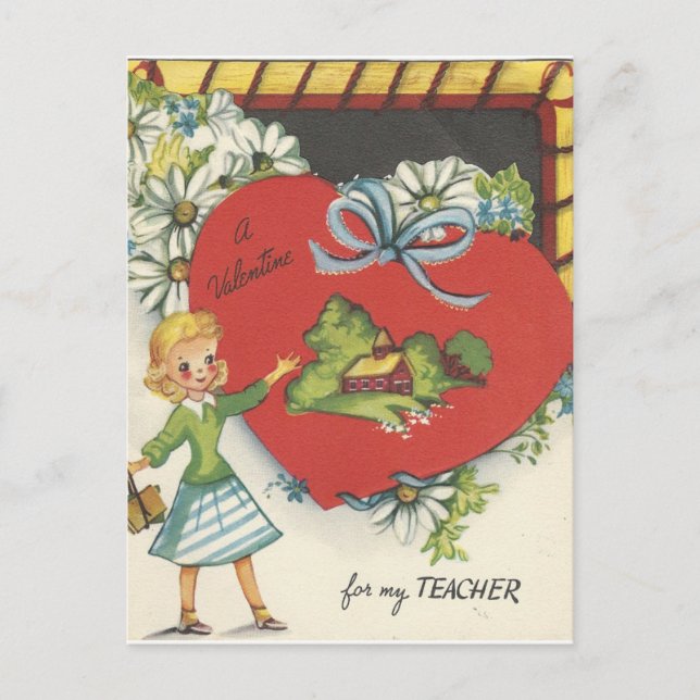 Vintage Teacher With Schoolhouse Valentine Holiday Postcard (Front)