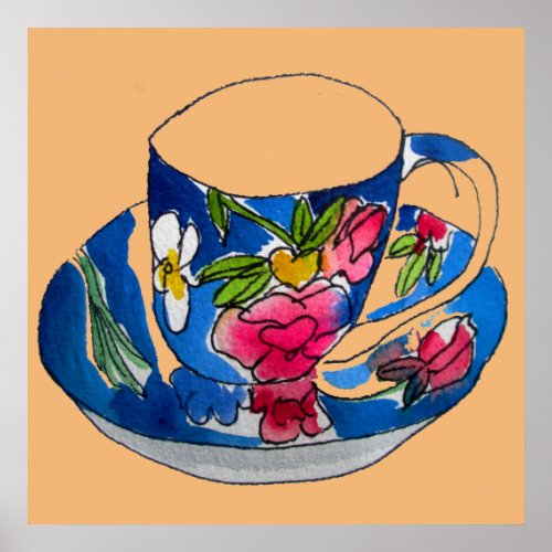 Vintage teacup art illustration watercolour poster