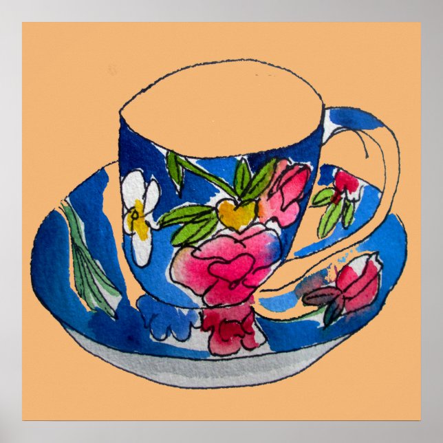 Vintage teacup art illustration watercolour poster (Front)