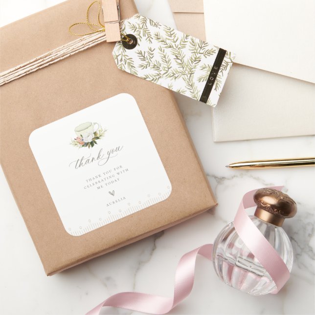 Vintage Teacup Floral Thank You Square Sticker (Gifting)