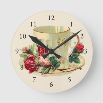 Vintage Teacup For Tea Time Round Clock by LeAnnS123 at Zazzle