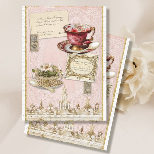 Vintage Teacup High Tea Gold and Pink Decoupage Tissue Paper