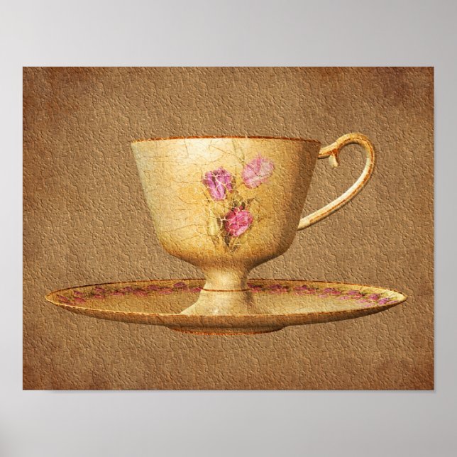 Vintage Teacup On Aged Paper Art Poster (Front)