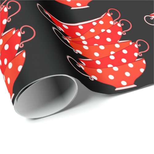 Vintage teacup red white polka dot whimsical  wrapping paper