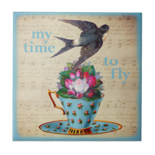Vintage Teacup Roses and Flying Swallow Bird Ceramic Tile
