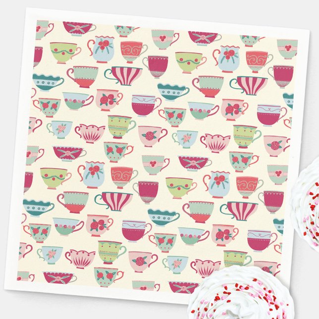 Vintage Teacup Tea Party Napkins (Modern vintage teacup tea party pattern paper napkin for celebrations and events)