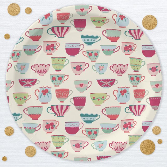 Vintage Teacup Tea Party Paper Plates (Modern vintate teacup tea party pattern paper plates)