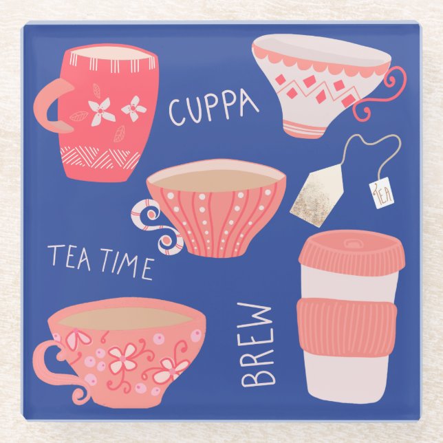 Vintage Teacup Tea Pot illustration Glass Coaster (Front)