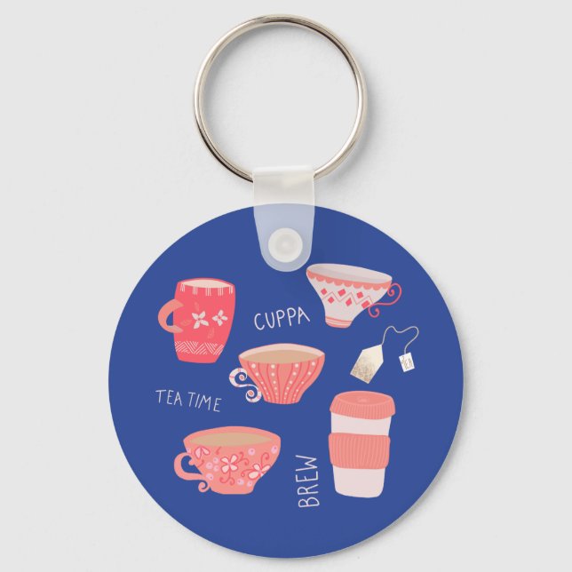 Vintage Teacup Tea Pot illustration Keychain (Front)