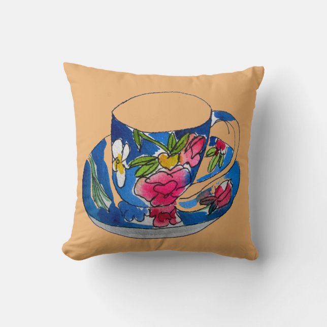 Vintage teacup watercolour art illustration throw pillow (Front)