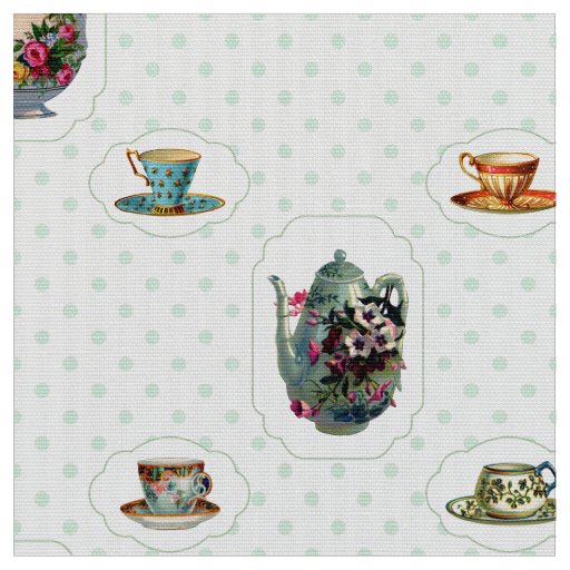 Vintage Teacups and Polka Dots Fabric