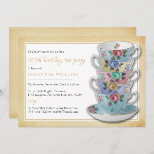 Vintage Teacups Birthday Tea Party Invitation