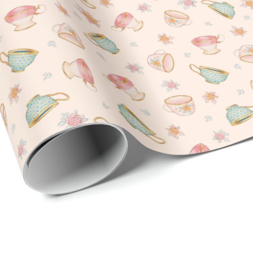 Vintage Teacups Linen Pattern  Wrapping Paper