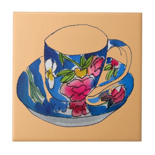 Vintage Teacups original watercolour illustration Ceramic Tile