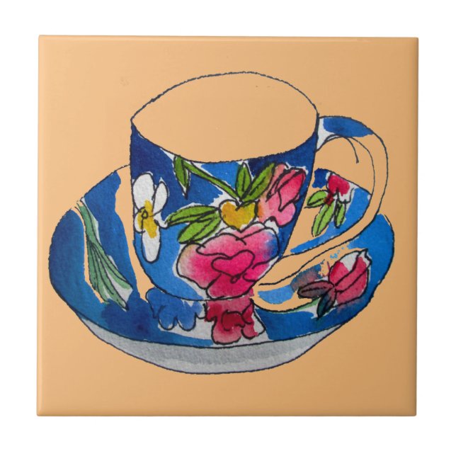 Vintage Teacups original watercolour illustration Ceramic Tile (Front)