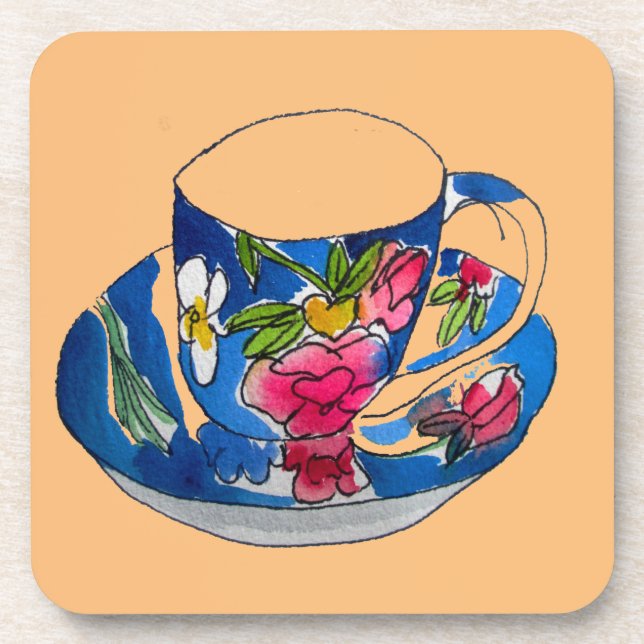 Vintage Teacups original watercolour illustration Drink Coaster (Front)