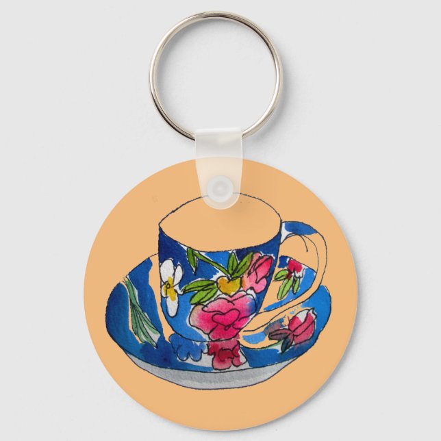 Vintage Teacups original watercolour illustration Keychain (Front)