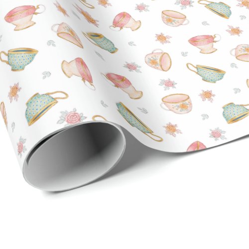 Vintage Teacups White Pattern  Wrapping Paper