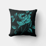 Vintage Teal And Black Rose Illustration Throw Pillow at Zazzle