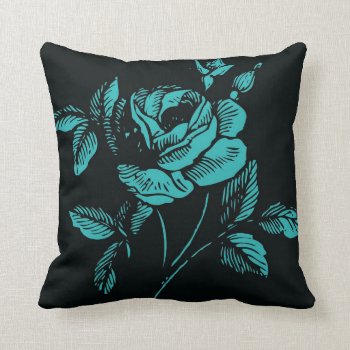 Vintage Teal And Black Rose Illustration Throw Pillow by lisaguenraymondesign at Zazzle