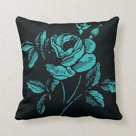 Vintage Teal And Black Rose Illustration Throw Pillow