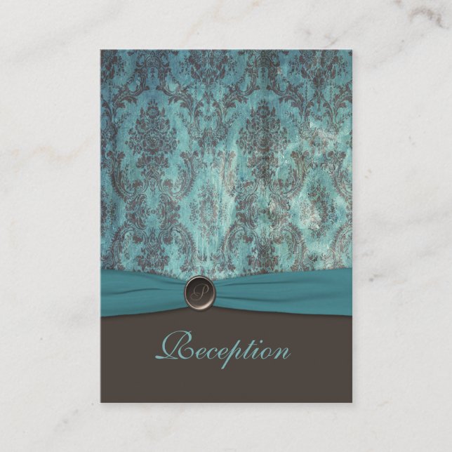 Vintage Teal and Brown Damask Reception Card (Front)
