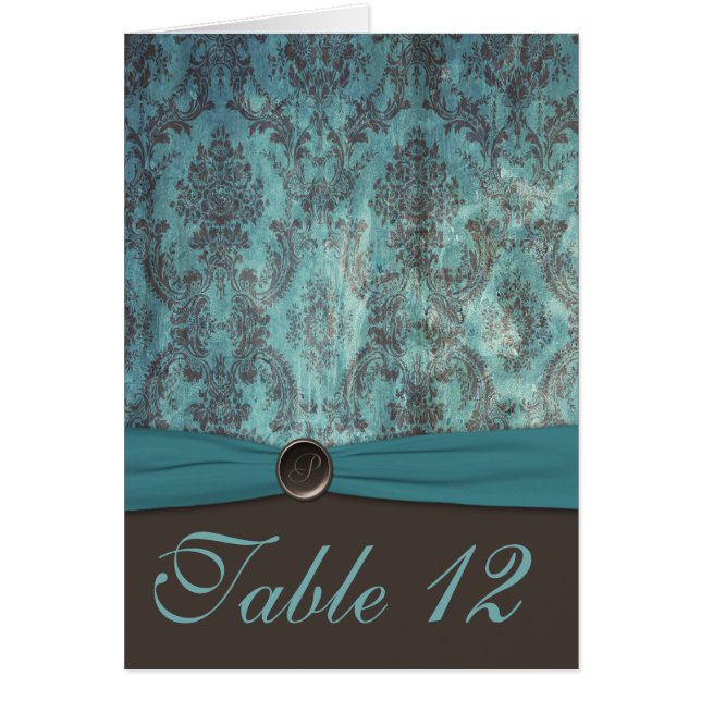 Vintage Teal and Brown Damask Table Number Card (Front)