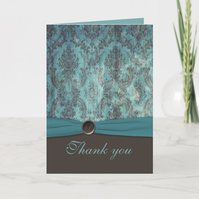 Vintage Teal and Brown Damask Thank You Card (Front)