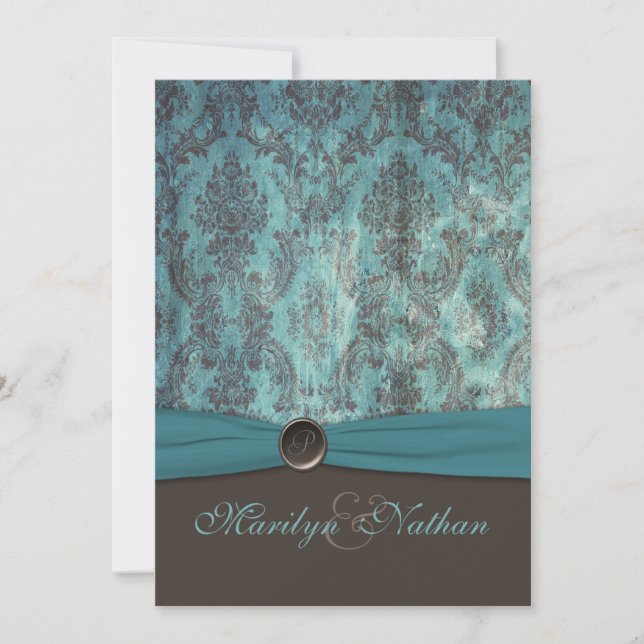 Vintage Teal and Brown Damask Wedding Invitation (Front)