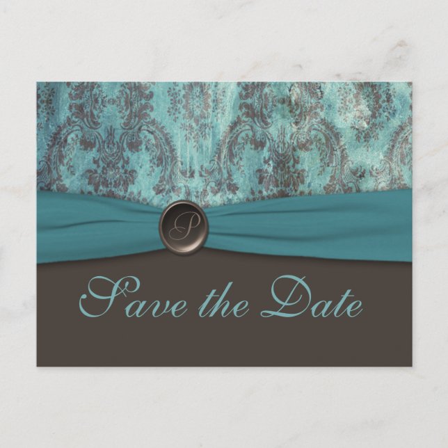 Vintage Teal and Brown Save the Date Postcard (Front)