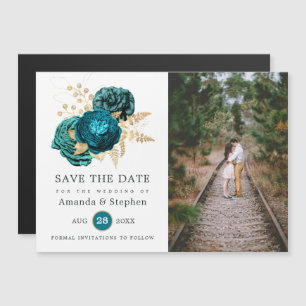 Vintage Teal and Gold Floral Wedding Save the Date Magnetic Invitation