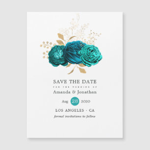 Vintage Teal and Gold Floral Wedding Save the Date Magnetic Invitation