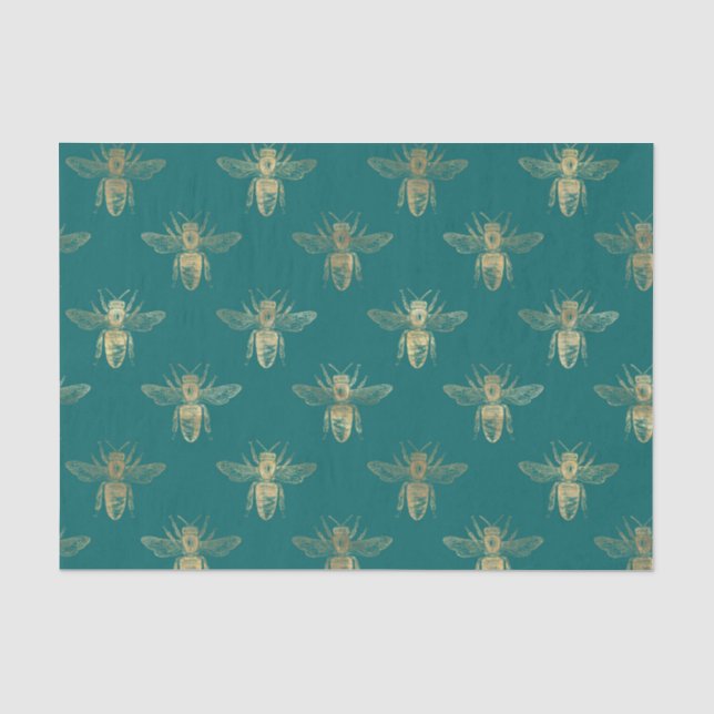 Vintage Teal and Gold Foil Bees Tissue Paper (Front)