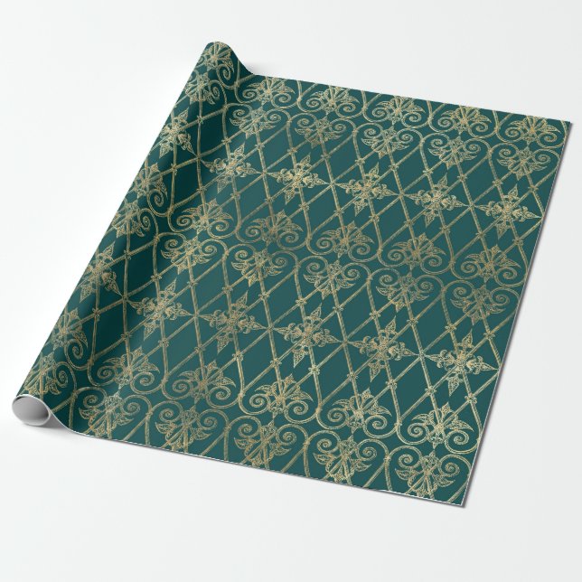 Vintage Teal and Gold Pattern Wrapping Paper (Unrolled)