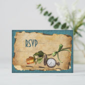Vintage Teal and Gold Reply Card (Standing Front)
